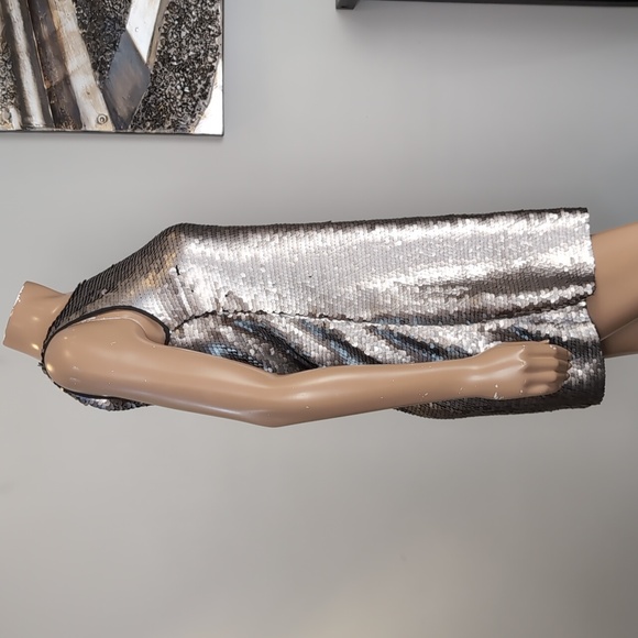 Zara Metallic Silver Sequin Mini Dress Womens Size Medium Sleeveless Shift Party - Picture 11 of 15
